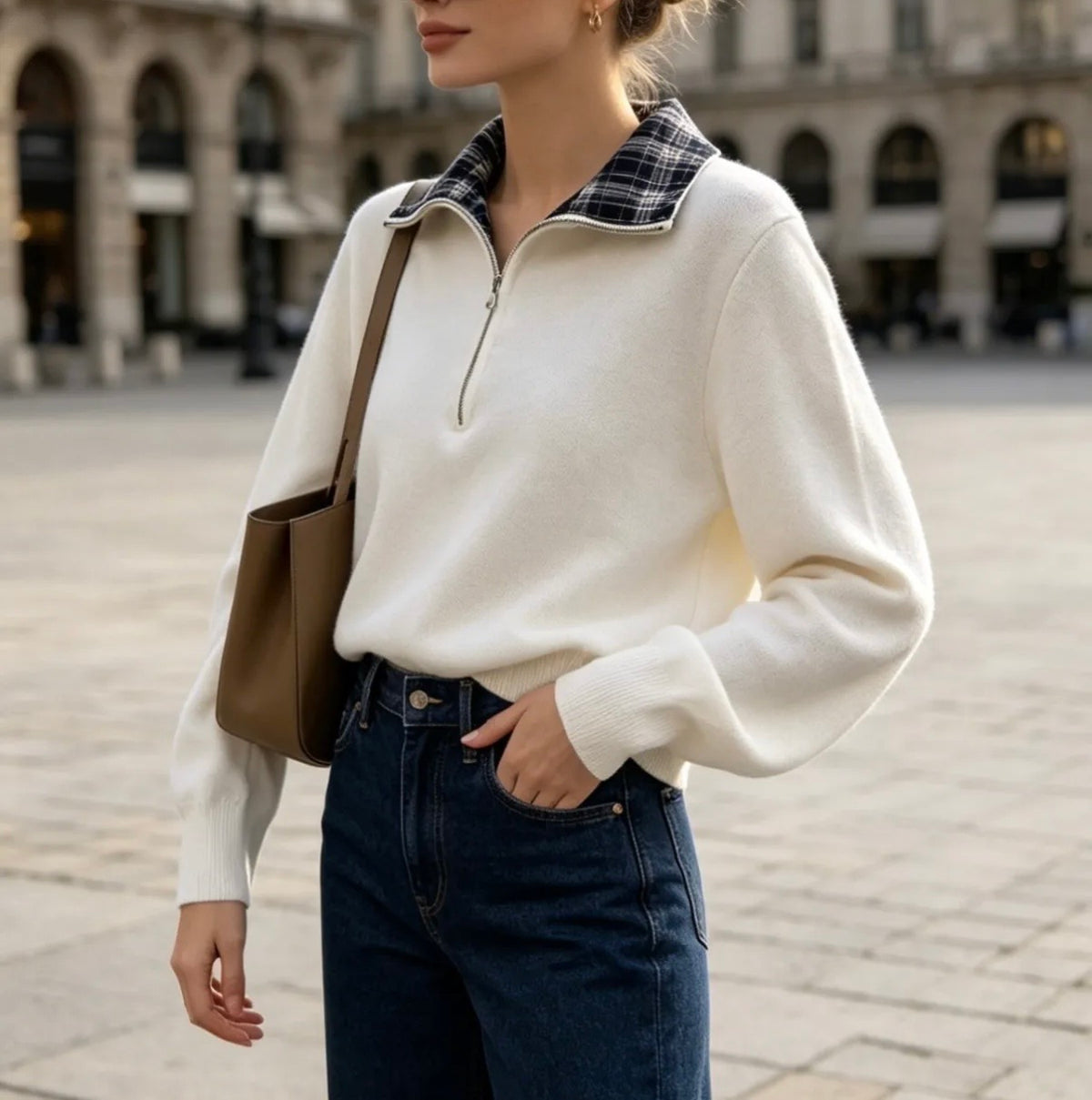 Pull écru à col zippé