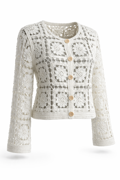 Cardigan crochet fleurs – 100% coton